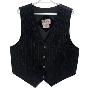 Vtg AGAPO Black Suede Leather Embroidered Vest Western Y2K Grunge Womens XL EUC